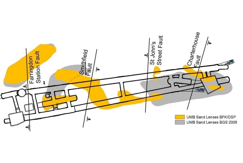 Plan view of the station showing the projection of the faults at tunnel axis level and the sand lenses