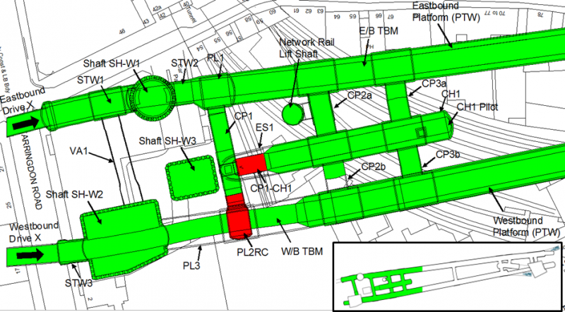 Figure 1. Plan view of the West part of Farringdon station showing the location of the two temporary SCL structures (shown in red). The areas in green show the structures completed by September 2014